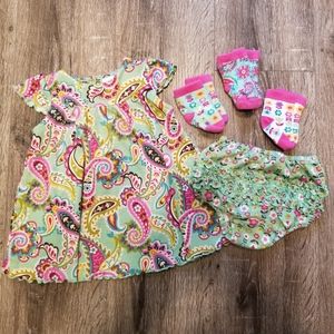 Vera Bradley 6-9 month Tutti Frutti dress, diaper cover, and 3 pairs of socks